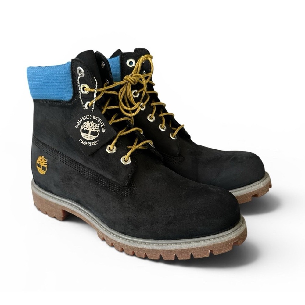 Timberland Men's 6 Inch Black Blue Leather Waterproof Boots A5NYZ Size 10.5